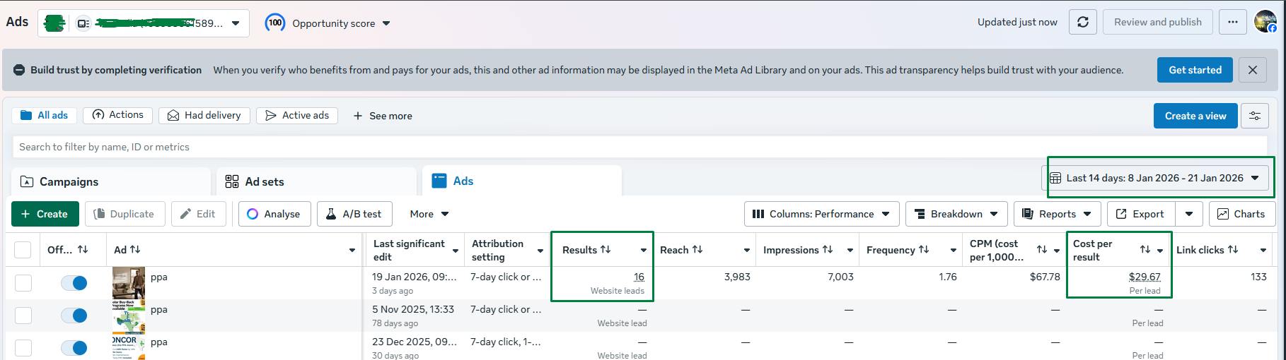 $29.67 CPL — 16 Website Leads — Opportunity Score 100