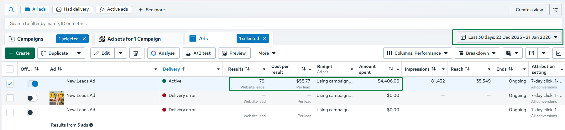 $55.77 CPL — 79 Website Leads — $4,406 Spent