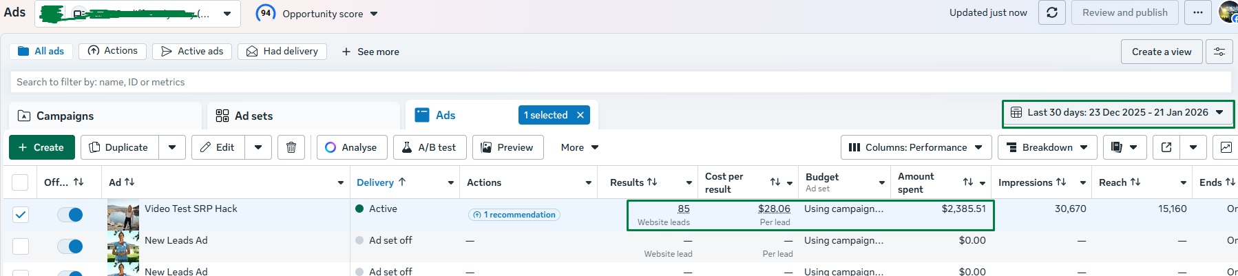 $28.06 CPL — 85 Website Leads — $2,385 Spent