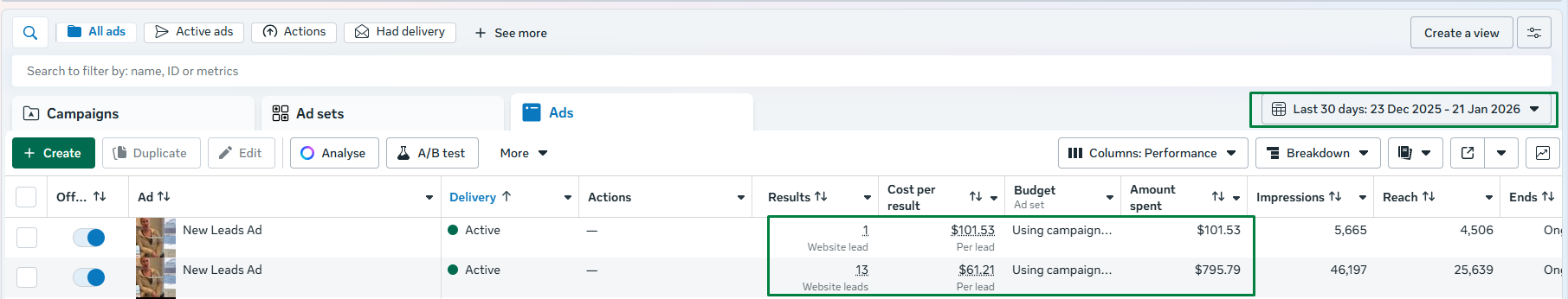 $61.21 CPL — 13 Website Leads — $795 Spent