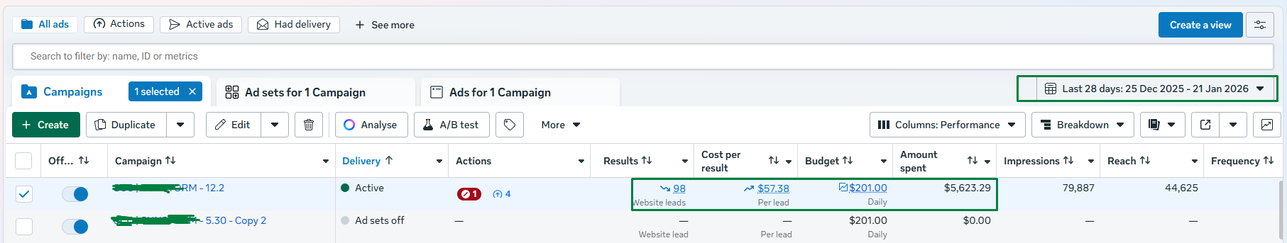 $57.38 CPL — 98 Website Leads — $5,623 Spent