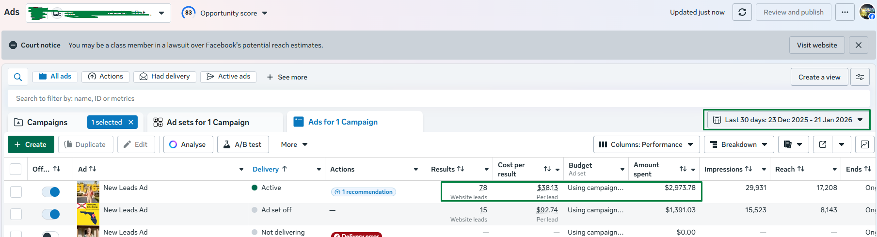 $38.13 CPL — 78 Website Leads — $2,973 Spent